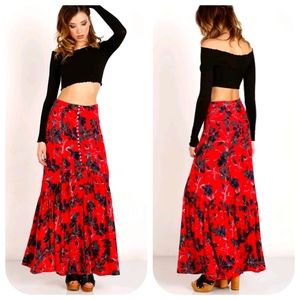 Free People Smooth Sailing Floral Maxi Skirt Red